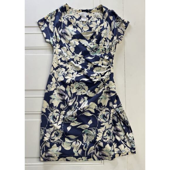 Soft Surroundings Dresses & Skirts - Soft Surroundings Blue White Floral Faux Wrap Dress Medium Cap Sleeve Ruched